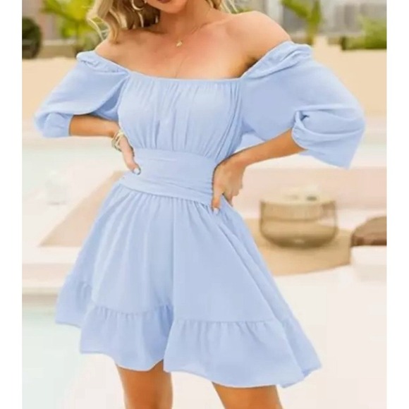 Exlura Lantern Sleeve Tie Back Ruffled A-Line Mini Dress BLUE Size Large - Picture 1 of 11